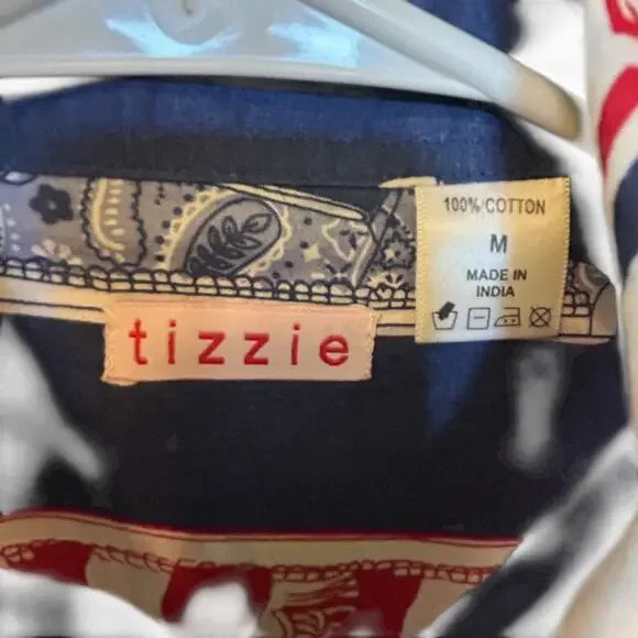 TIZZIE Women’s 100% Cotton Collared Long Sleeve Red White Blue Top Blouse Size M - Picture 11 of 12